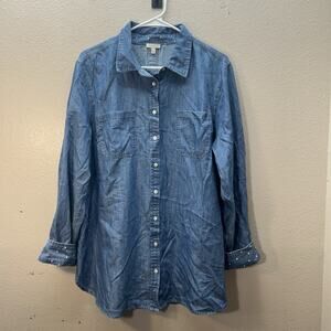 Talbots Button Front Chambray Denim Button Up Shirt Polka Dot Trim Sz Petite XL